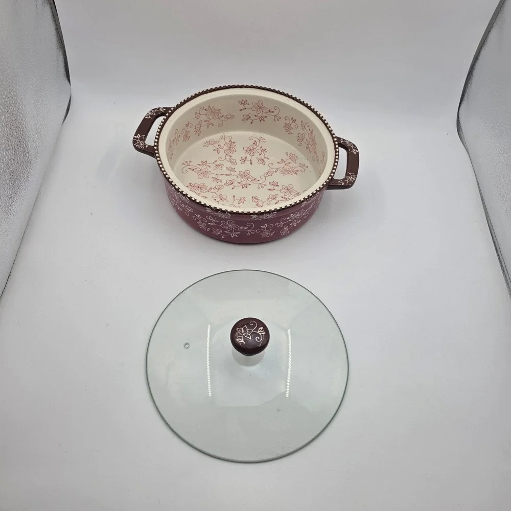 Temp-tations Floral Lace 2.0 QT Round Baker with Glass Lid Cranberry Purple O1
